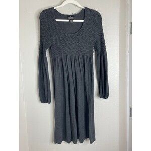 Angie Smocked Babydoll Dress L – Charcoal Gray Long Sleeve Boho Peasant Style
